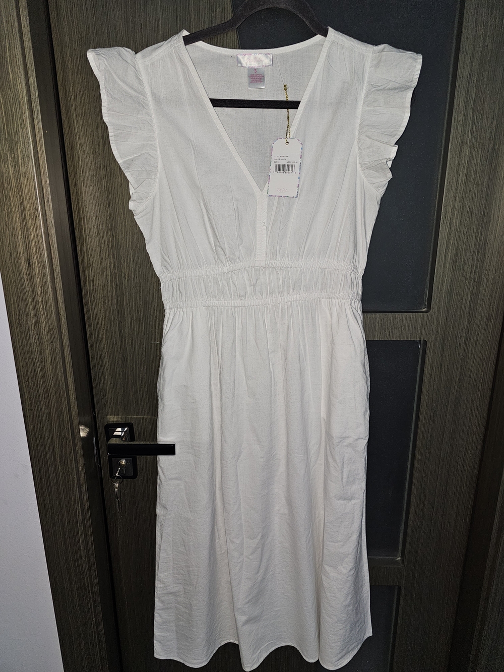 Stella Parker White Cotton V-Neck Flutter Sleeve Midi Dress Size S